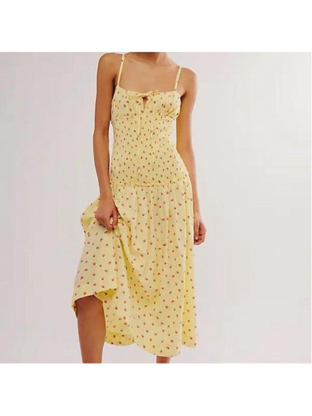 Free People Dress Womens Small Yellow Strawberry Print Smocked Midi Sundress